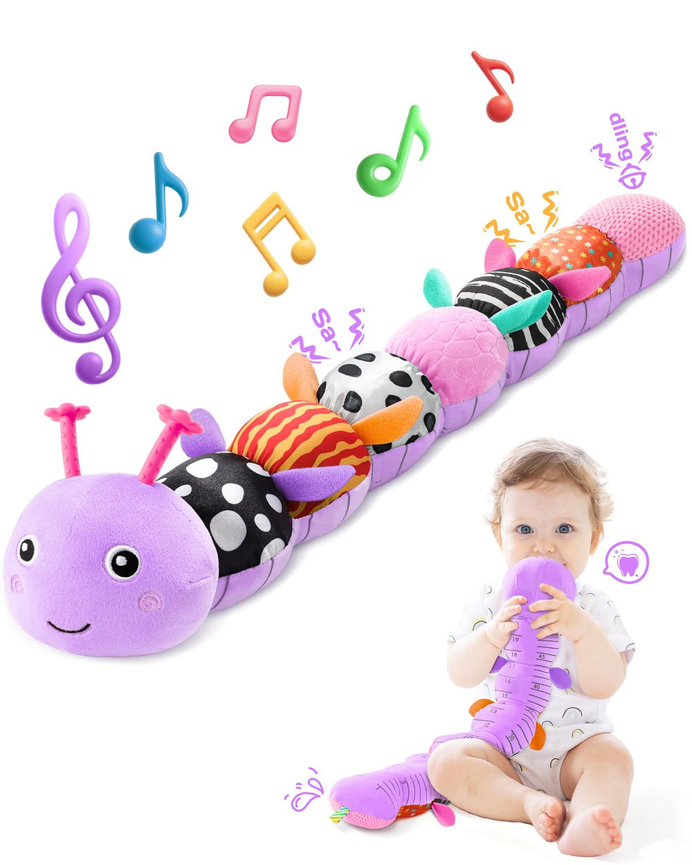 AWOTOY baby caterpillar 6-in-1 toy in lavender purple promotes exploration and growth.