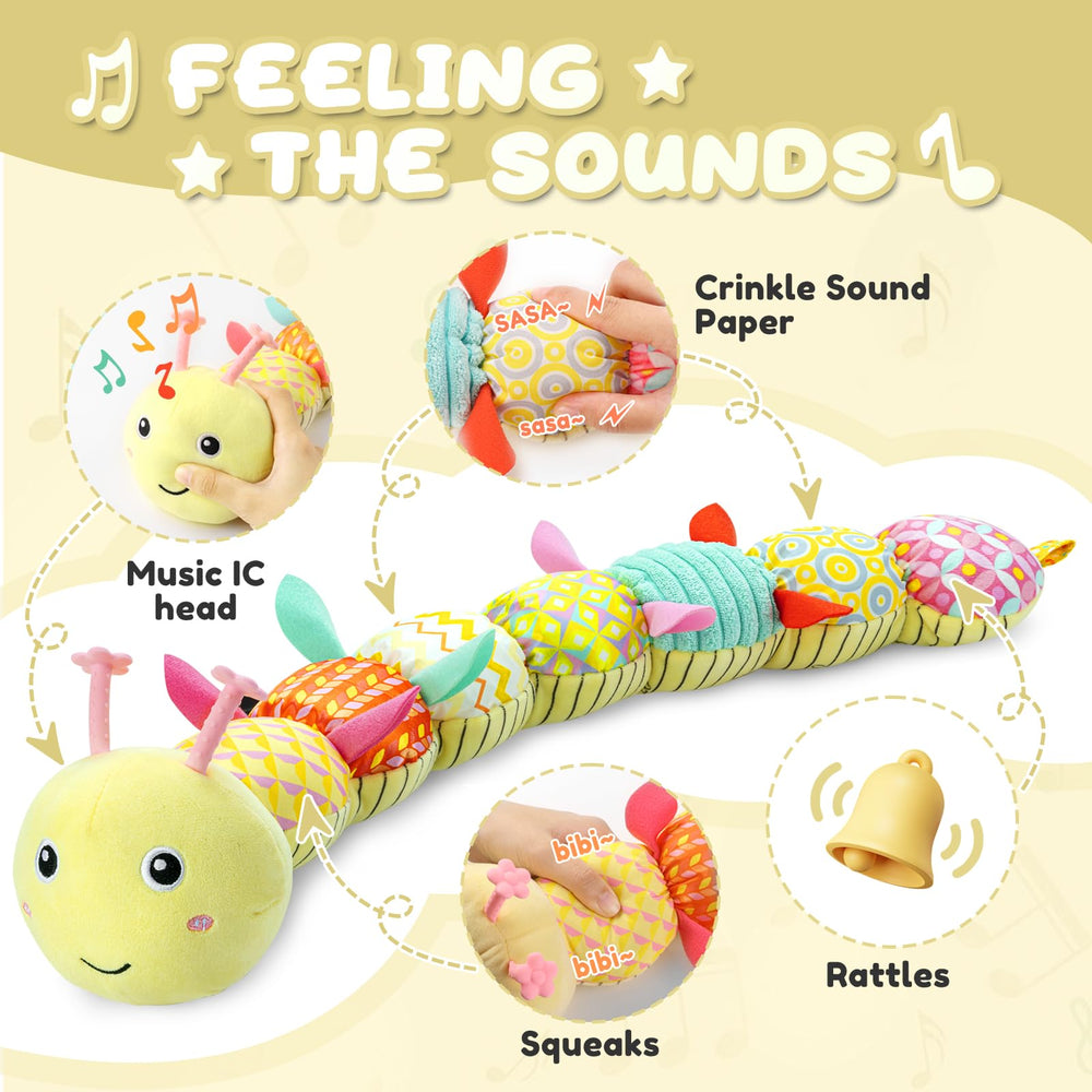 AWOTOY Caterpillar rattle and bell provide engaging audio cues for play.