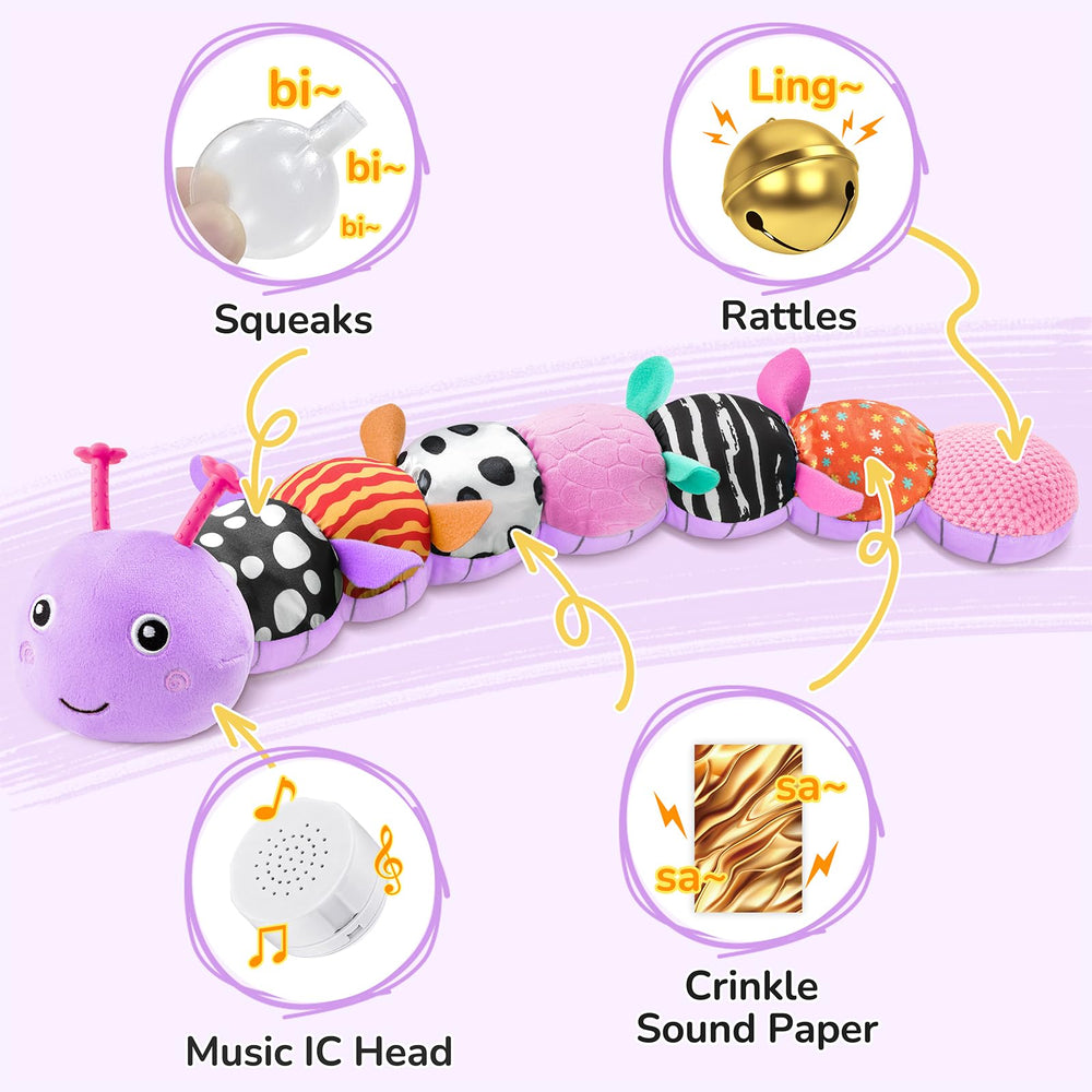 AWOTOY tummy time toy features mirror and pull strings to build neck strength.