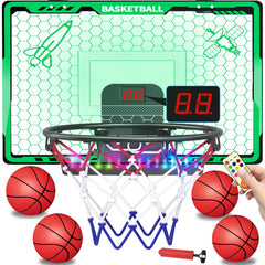 Awsoo indoor basketball hoop with green LED bar for kids' home play.