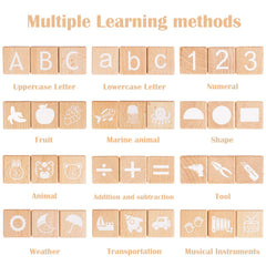 AXEARTE wooden ABC blocks with letters and icons promote number sense and creative building.