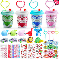 AYGXU valentines cups with four color lids, reusable and kid-friendly.