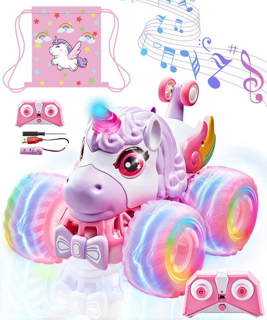 Ayiaum Unicornios RC car with lights and music enhances playtime for kids.