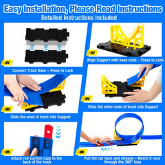 1/64-scale diecast cars glide along the flexible path.