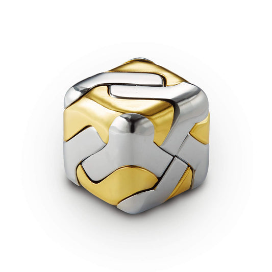 AZG Go 3D brain teaser gold cube for mindful play and display.