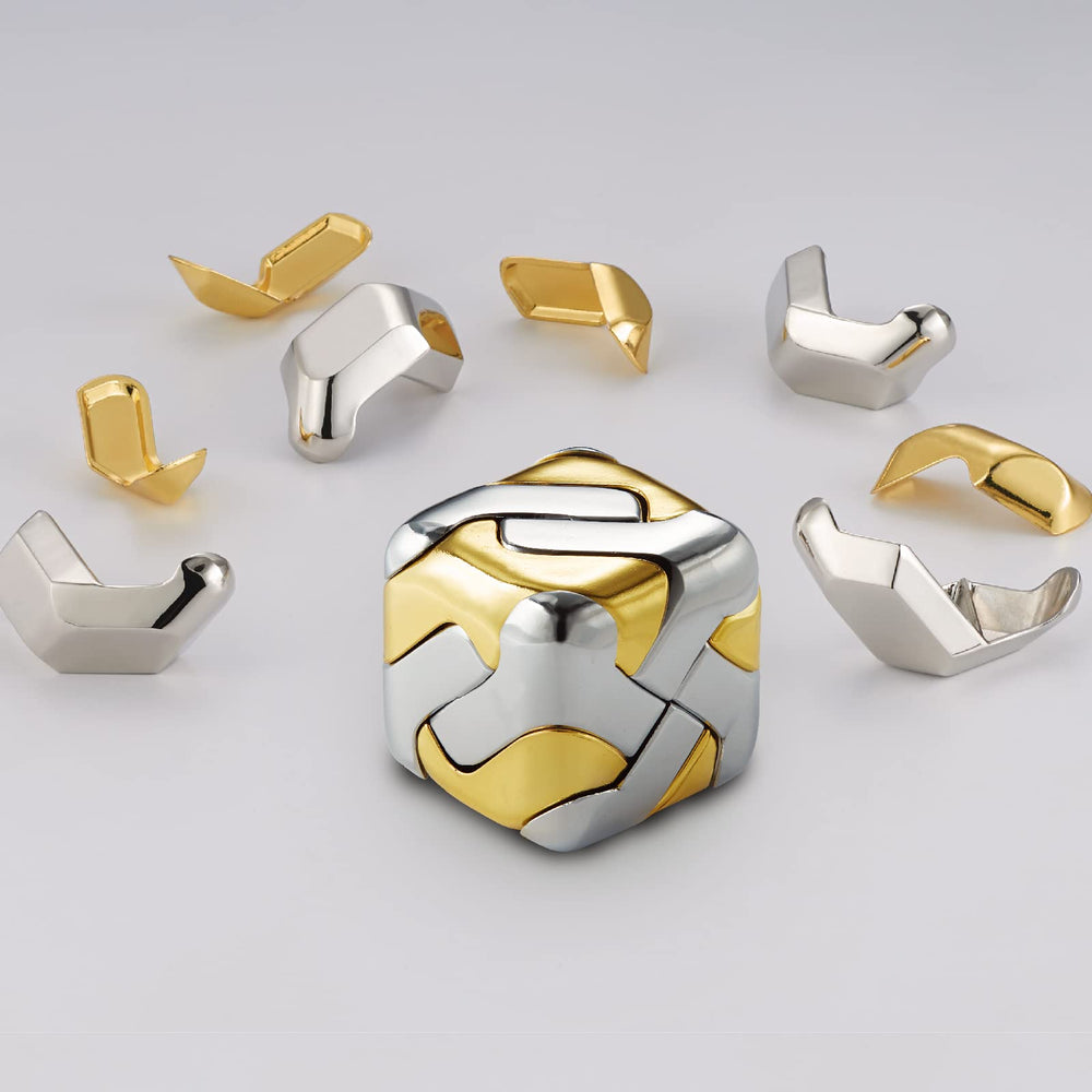 AZG Go 3D brain teaser silver cube enhances focus during work.