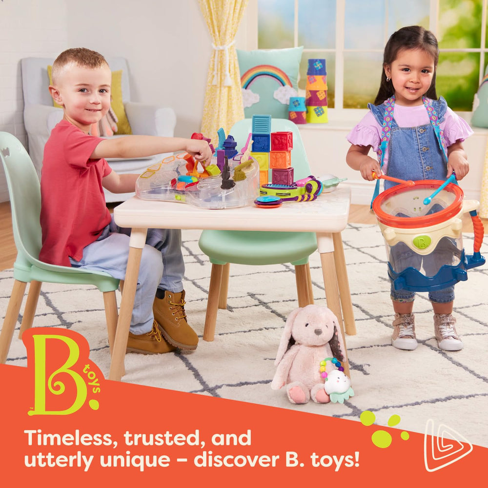 B. toys Clean n' Play kid-friendly set aids fine motor development during play.