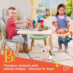 B. toys Clean n' Play kid-friendly set aids fine motor development during play.
