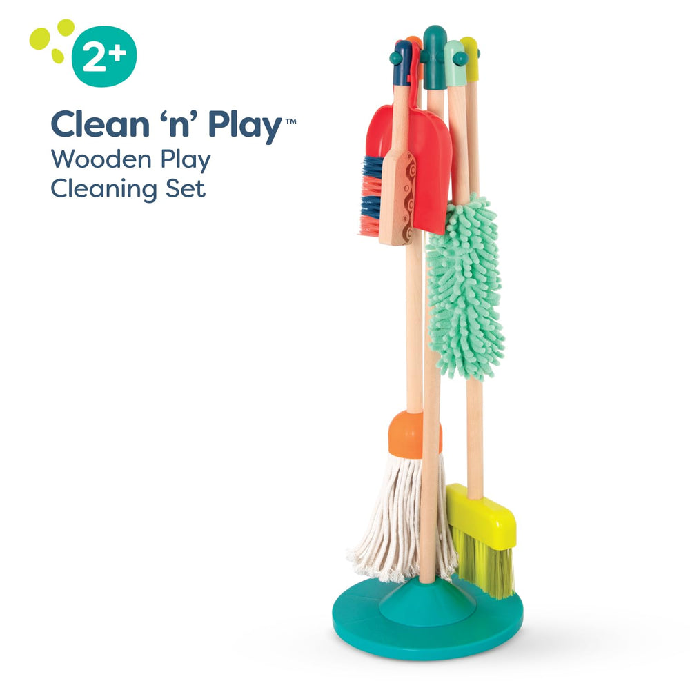 B. toys Clean n' Play wooden mop enhances pretend cleaning confidence.