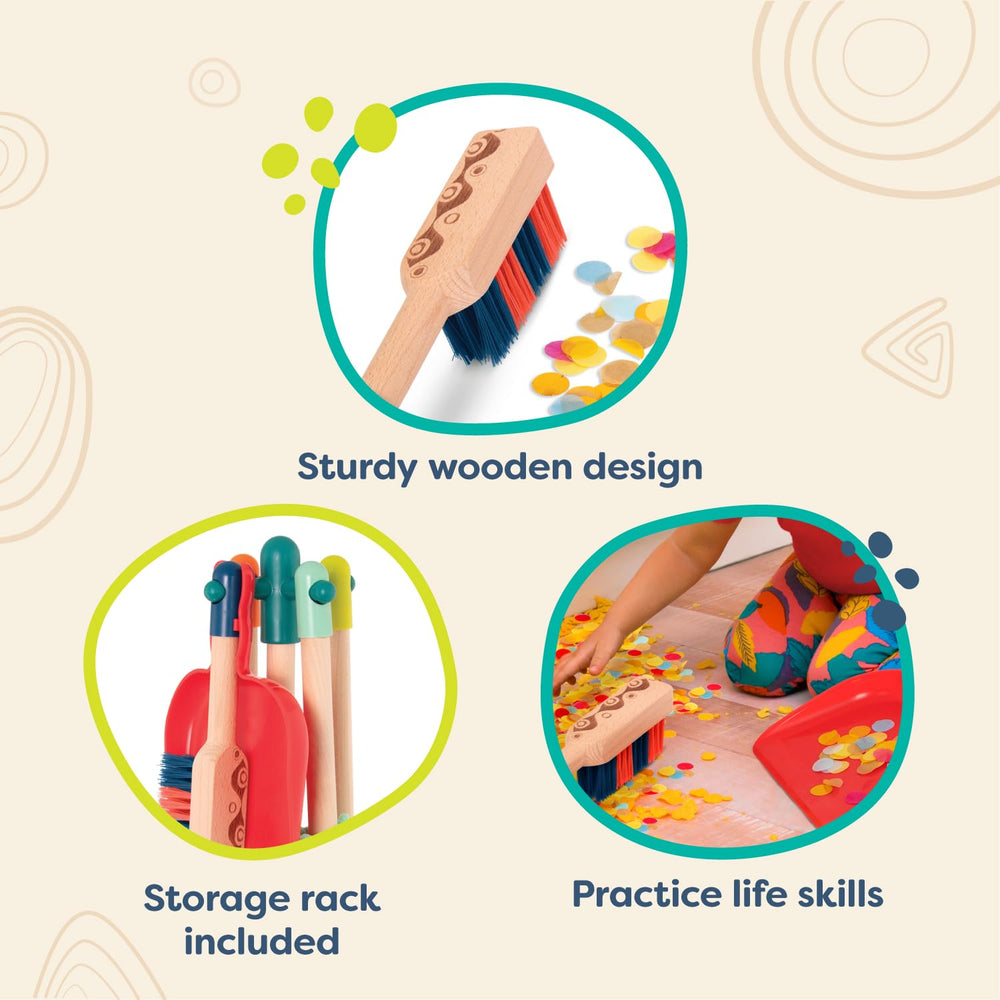 B. toys Clean n' Play wooden storage stand keeps tools organized and accessible.
