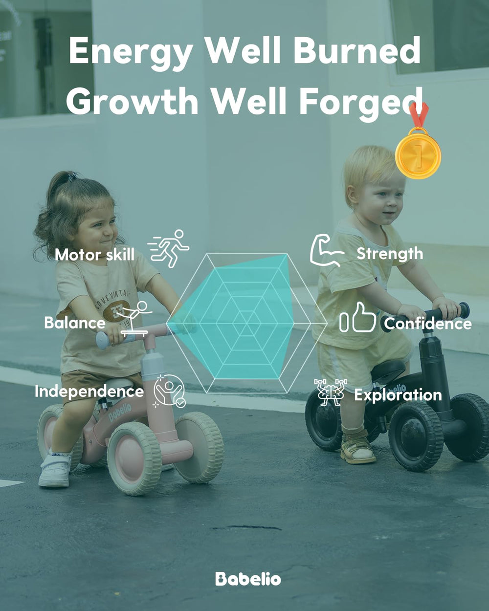 BABELIO balance bike shows 135-degree steering limit for safer beginner handling.