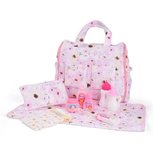BABESIDE 10-pcs doll diaper bag set in pink floral design, organized playtime accessories