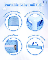 BABESIDE blue crib shows open dimensions for 18-inch dolls