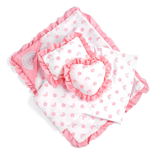 Babeside bedding quilt with flower and rainbow pattern for a cozy reborn doll sleep space.