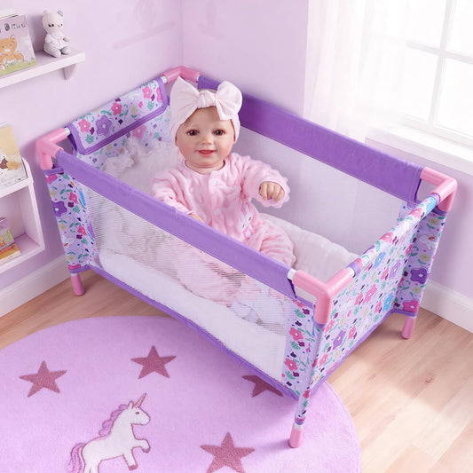 BABESIDE foldable crib bed in purple for 18-inch dolls, portable for on-the-go play.