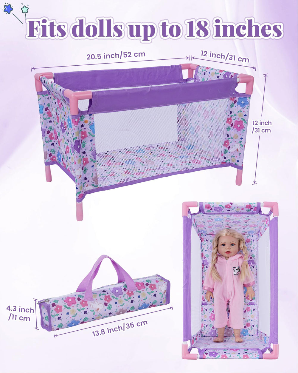 BABESIDE doll crib with metal base offers sturdy nap-time setup.
