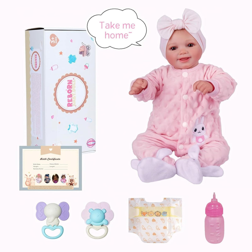 Babeside complete accessory set includes outfit, bottle, rattles, diaper, birth certificate.