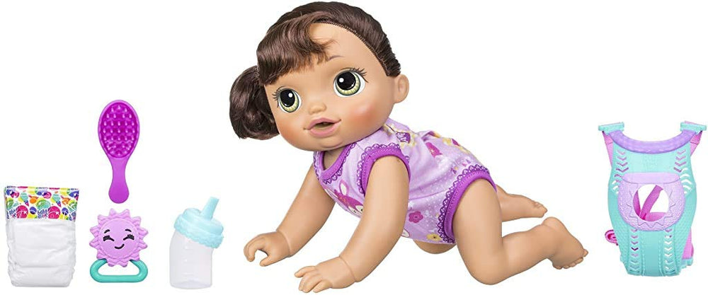 Baby Alive Baby Go Bye Bye Brunette doll crawling and talking for imaginative play.