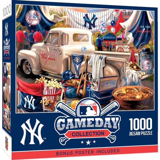 Baby Fanatic MasterPieces 1000pc Yankee puzzle laid out for family game night