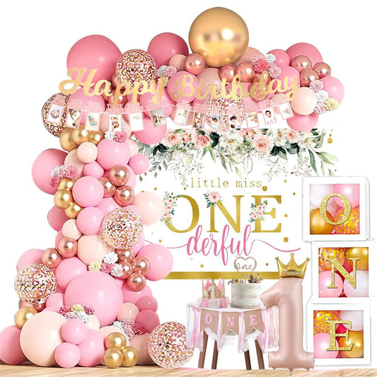 Baby Girl 1st Birthday Decorations balloon boxes showcase a coordinated pink and gold centerpiece for easy party styling