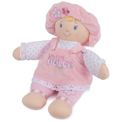 Baby GUND My First Dolly with a pink hat and flower embroidery for pretend outfits.