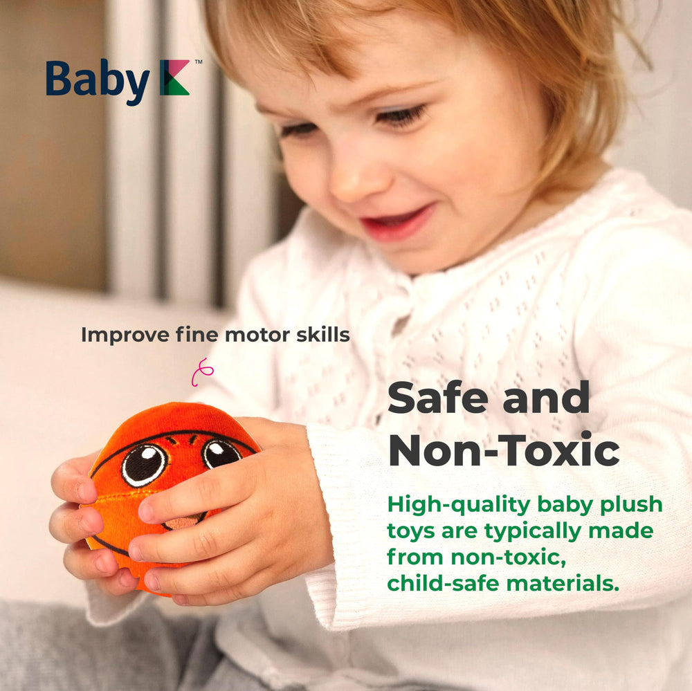 BABY K rattle ball with sound stimulates early listening.