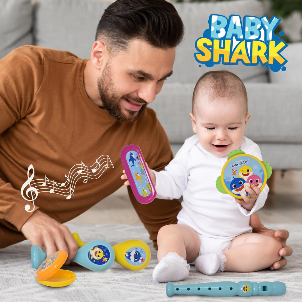 Baby Shark maracas-duo encourage shaking rhythm for sensory-rich activities.