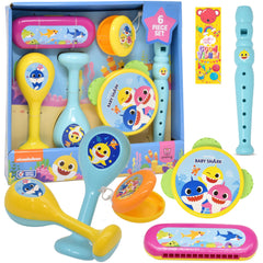Baby Shark tambourine set boosts rhythm exploration for toddlers during family music time.