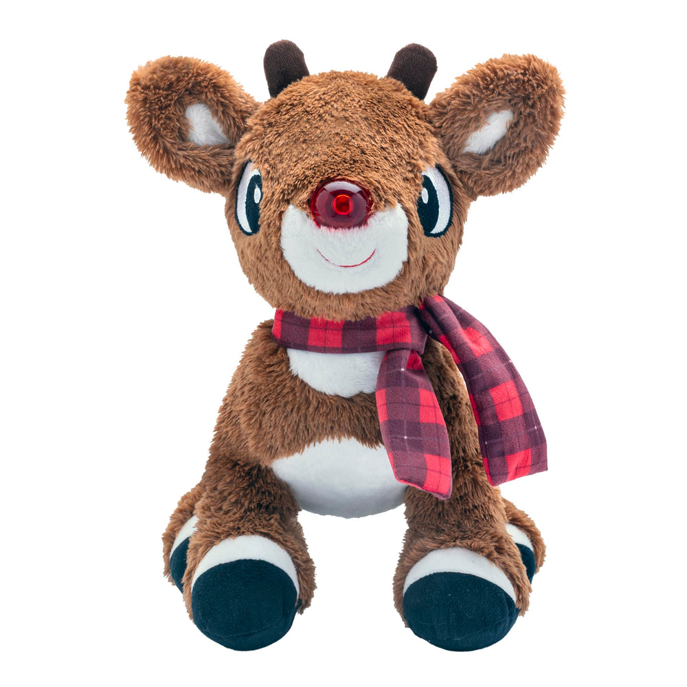 Rudolph red plaid scarf detail enhances festive holiday charm