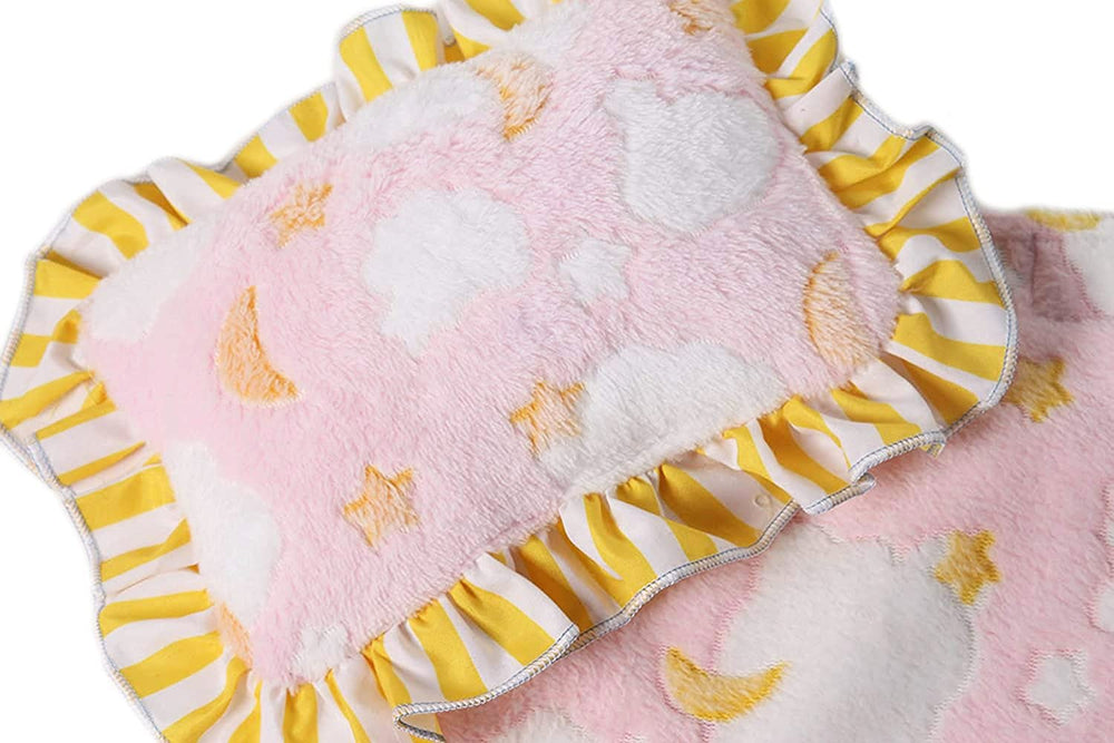 Doll tucked in Baby Whitney Pink Clouds blanket for snugly play