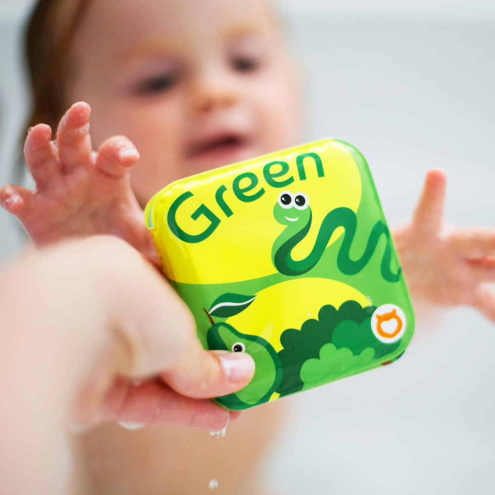 BabyBibi red pages bath book promotes color mastery with playful bath visuals.