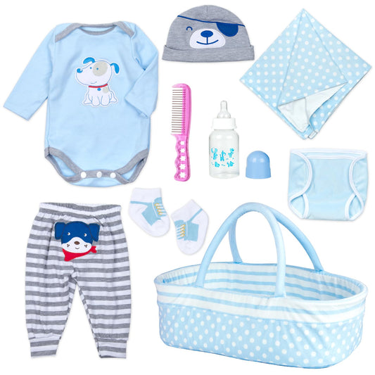 Babyfere blue dog basket for reborn doll storage and transport
