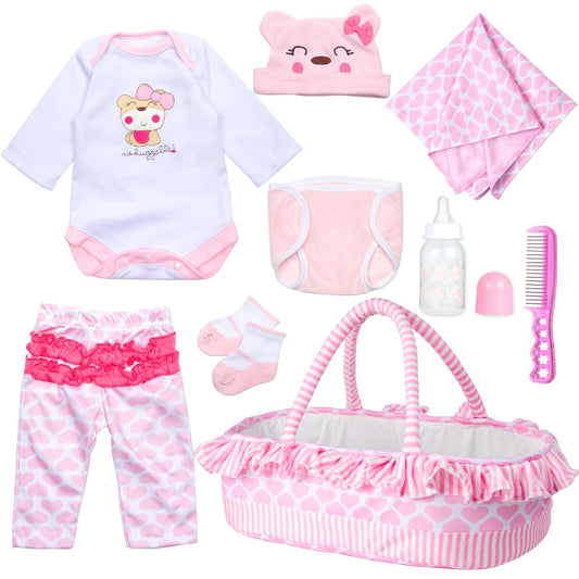 Babyfere pink bear doll clothes bassinet set ready for on-the-go play