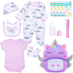 Babyfere purple unicorn backpack for 18-22 inch reborn dolls, ideal as a portable diaper bag.