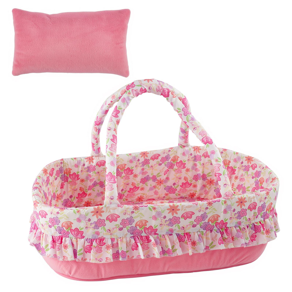 BABESIDE pink floral bassinet with pillow offering a cozy nap space for 17-22 inch dolls