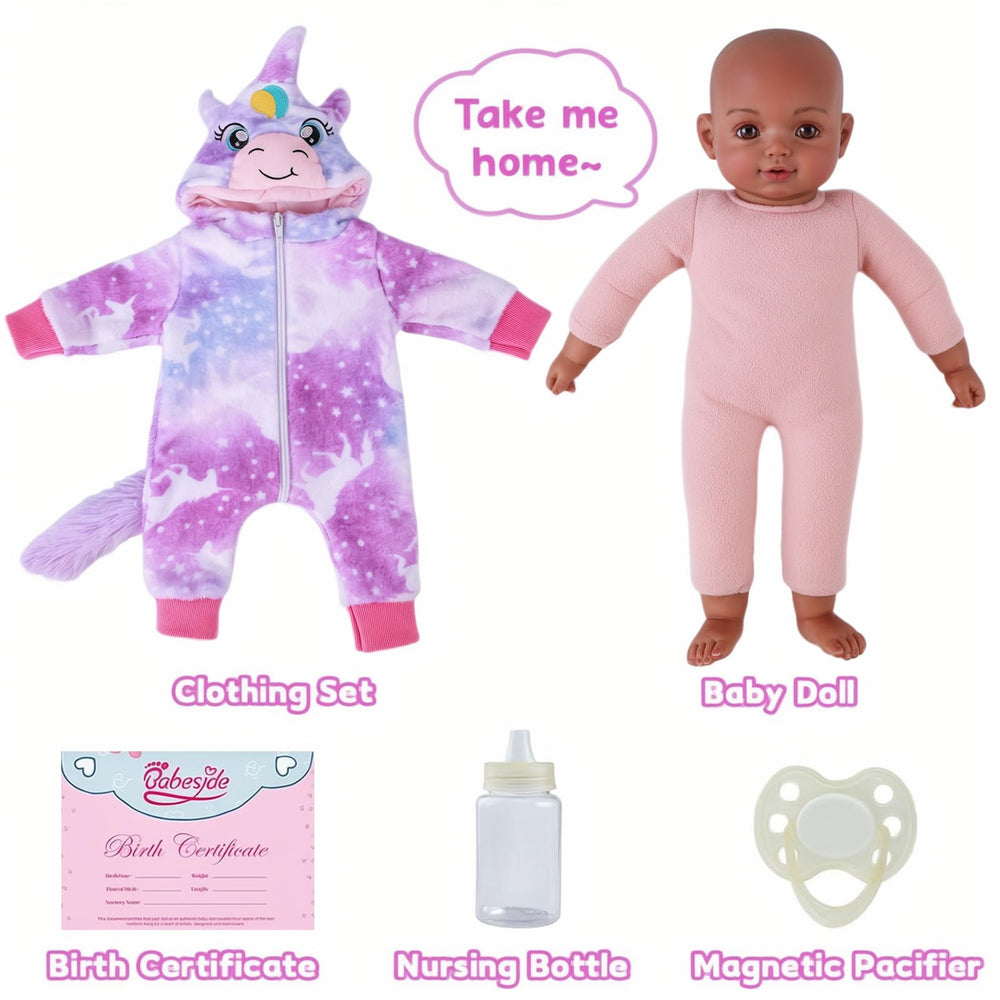 BABESIDE feeding bottle and pacifier for realistic mealtime pretend play.