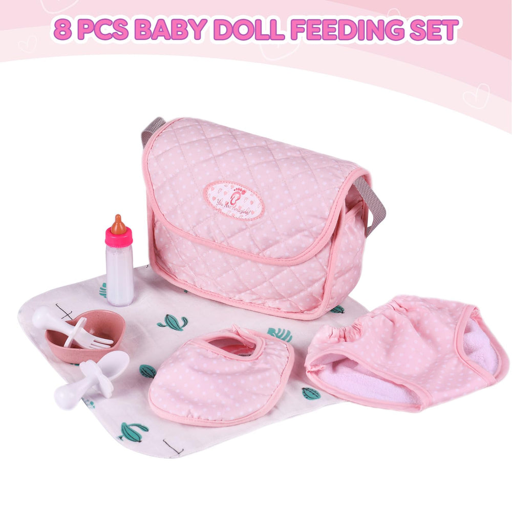 BABESIDE pink diaper bag with polka dots keeps doll accessories tidy.