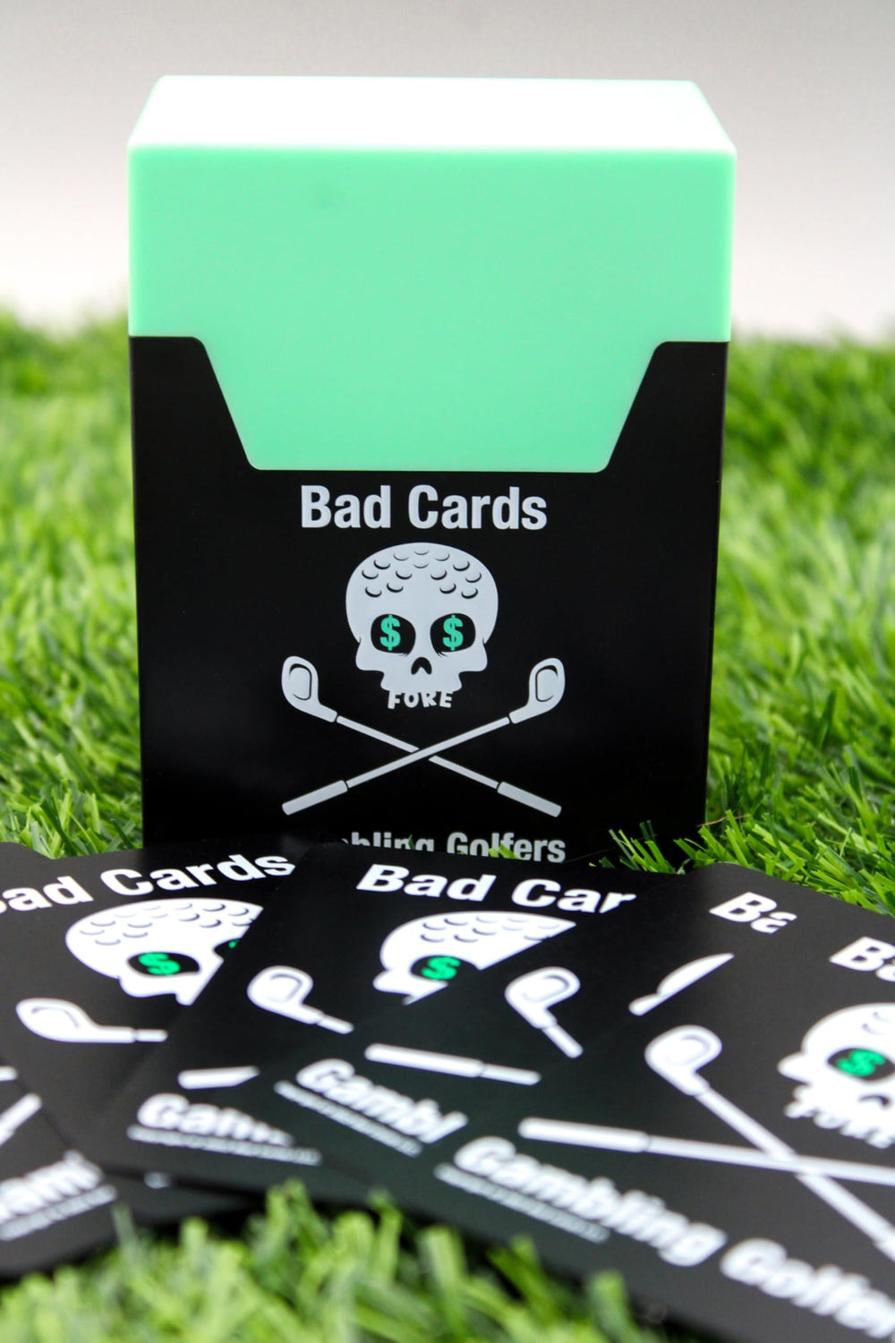 Bad Cards Fore Gambling Golfers cart-strap securing the game for quick access.