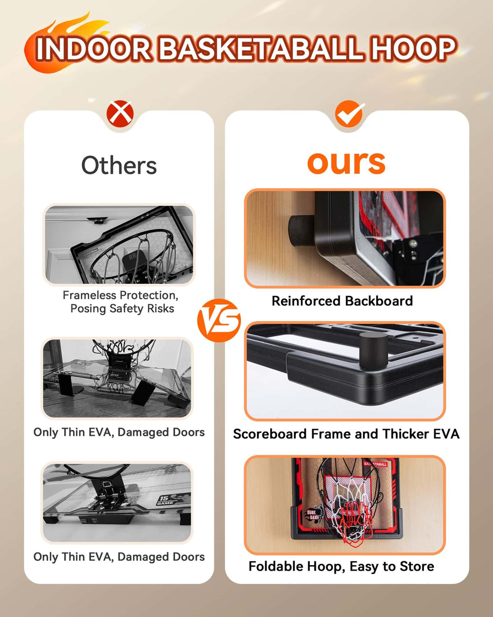 BADGOAL anti-impact backboard protects doors while you shoot.