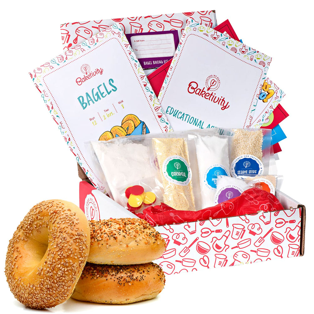 Baketivity Bagel Kit setup showing a kid-friendly, mess-free baking activity for home use