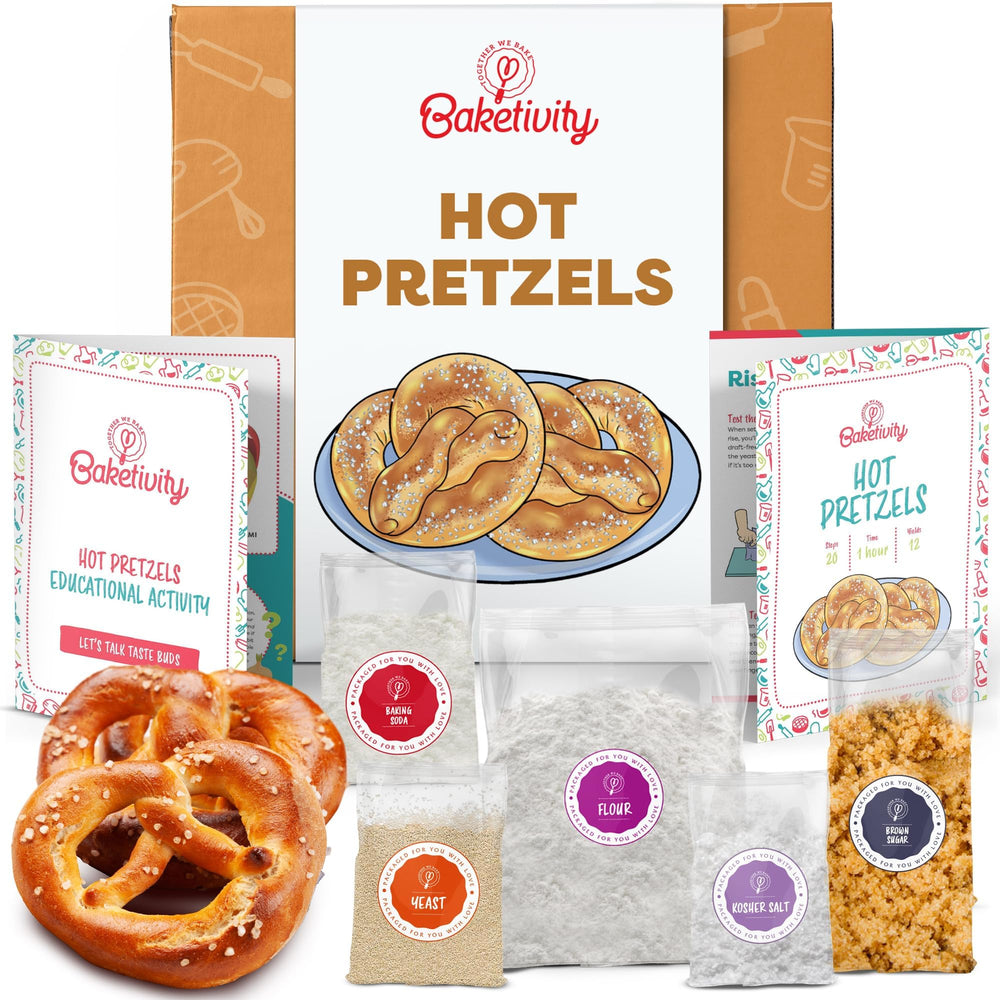 Baketivity pretzel making kit packaging designed for kids and families.