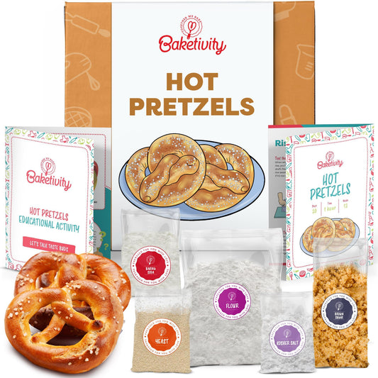 Baketivity pretzel making kit packaging designed for kids and families.