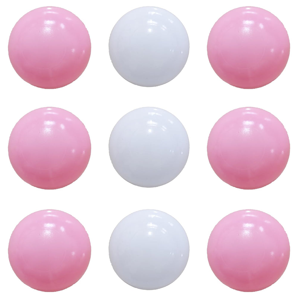 Cheerful pink and white balls add decorative playroom color.