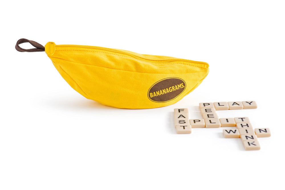 Bananagrams classic word game with banana pouch for portable family fun on trips