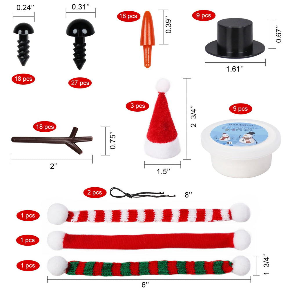 Banbbur snowman kit accessories—hats, scarves, and buttons—add colorful character to crafts.