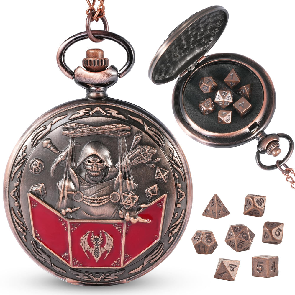 Banloga D&D dice set with dragon pocket watch case, portable elegance for tabletop sessions.
