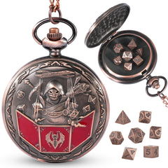 Banloga D&D dice set with dragon pocket watch case, portable elegance for tabletop sessions.
