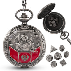 Banloga D&D dice set with dragon-pattern pocket watch case, a striking display piece for tabletop games.