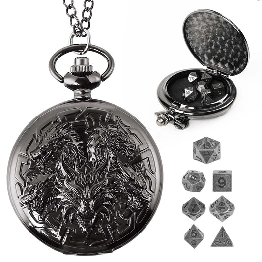Banloga dragon-pattern pocket watch box protecting dice during transport.