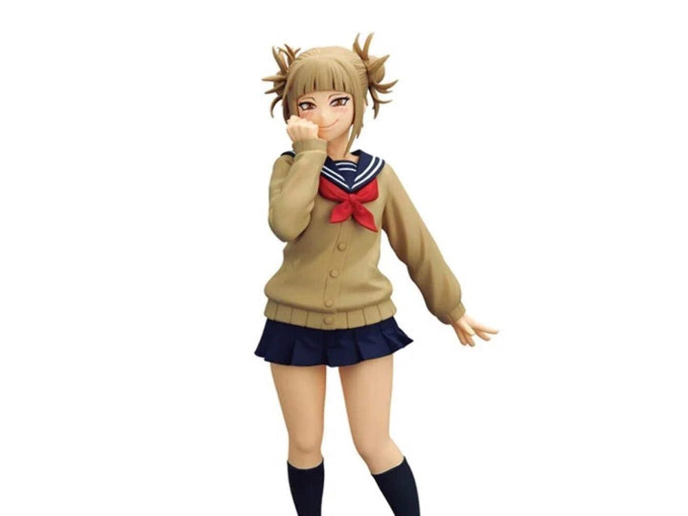 Banpresto Himiko Toga figure on stand enhances display arrangements.